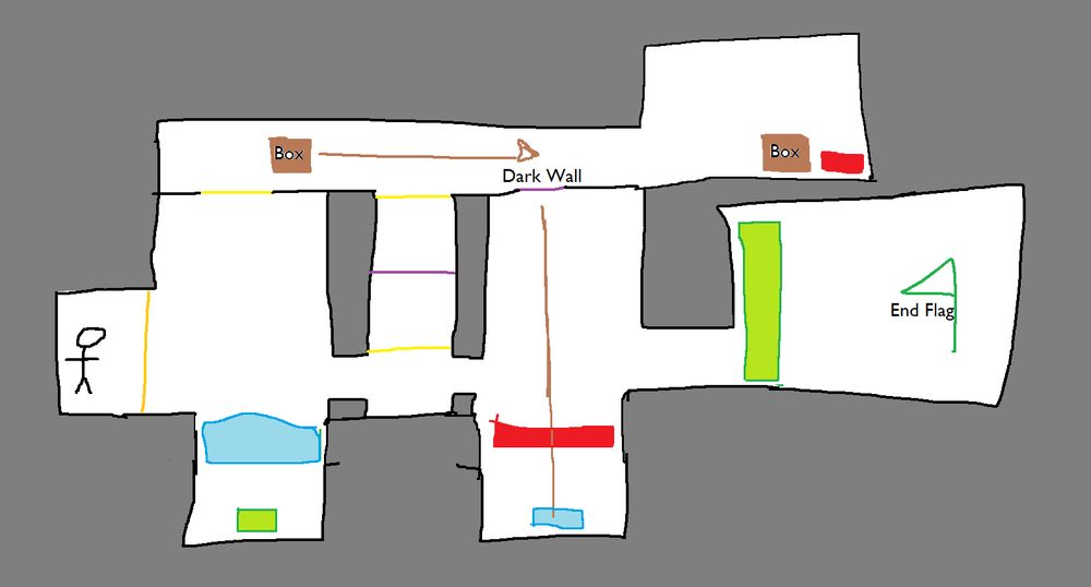 A crude drawing of a level using the Paint software. The lines are uneven, and objects are represented by simple colored squares and rectangles.
