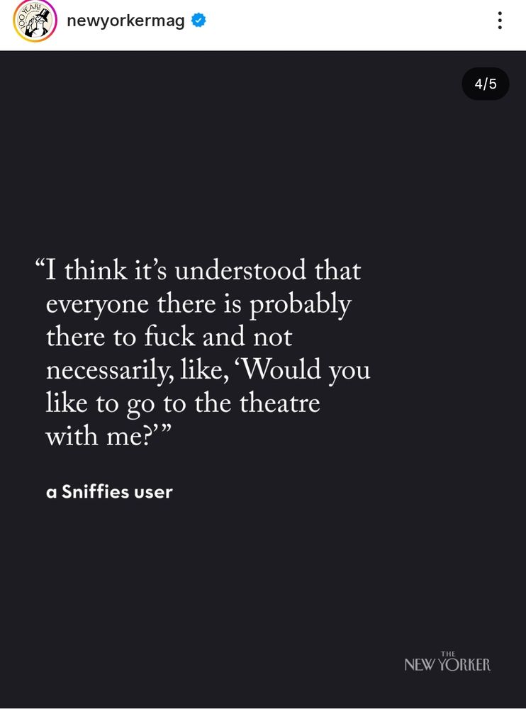 
newyorkermag
"I think it's understood that everyone there is probably there to fuck and not necessarily, like, 'Would you like to go to the theatre with me?""
a Sniffies user
4/5
THE
NEW YORKER