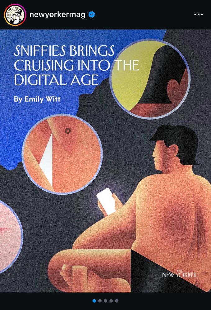 New Yorker Instagram post of "Sniffies brings cruising into the digital age" by Emily Witt, with New Yorker style cartoons of naked men on their phones