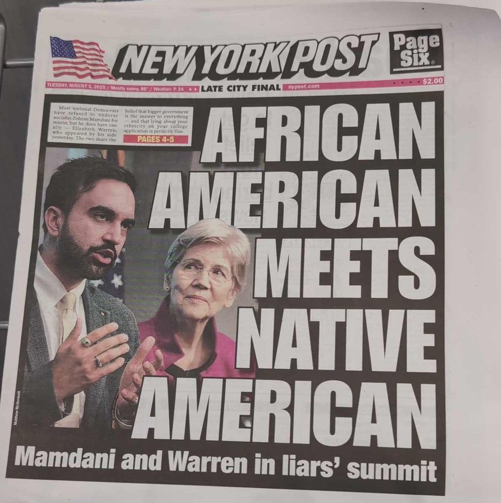 NY post cover: "African American meets native American" with photo of Mamdani with Elizabeth Warren 