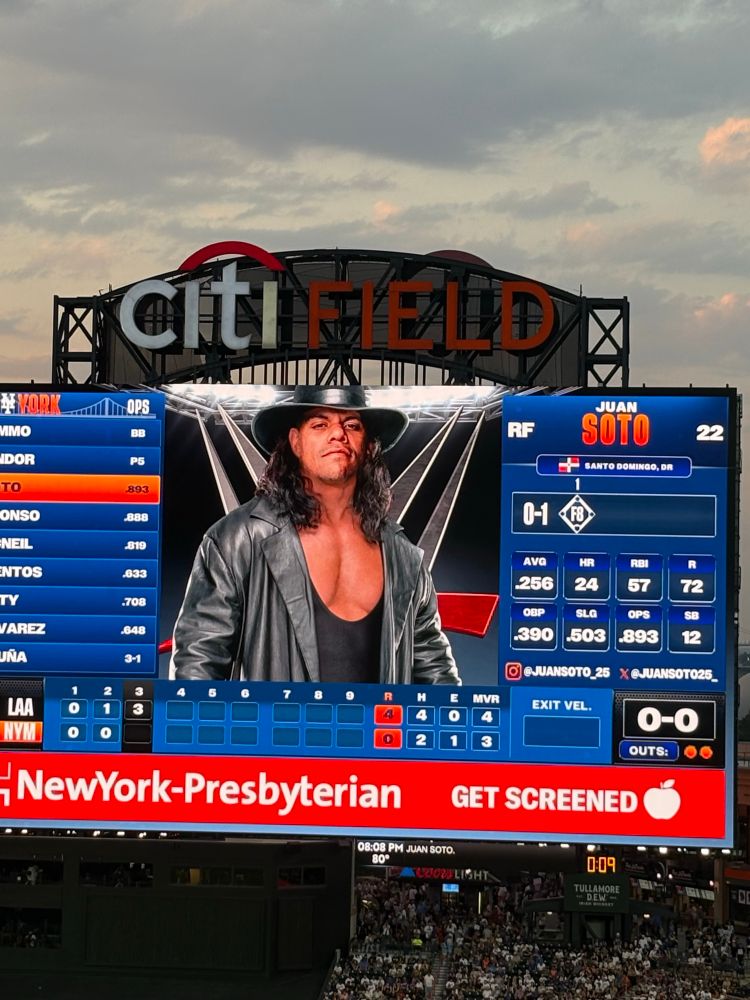 Juan Soto on the Mets scoreboard in a WWE-themed outfit