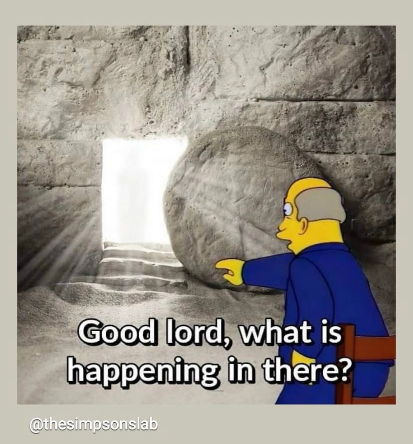 From thesimpsonslab: superintendent chaulmers pointing at Jesus’ empty tomb and saying “good lord what is happening in there?