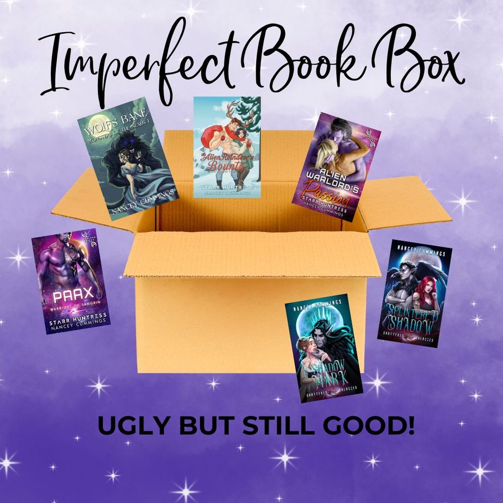 A cardboard box with book covers. Reads: Imperfect Book Box. Ugly but good!