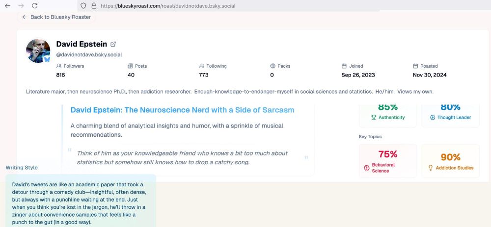 Screenshot of output from an AI app called the Bluesky Roaster (blueskyroast.com), based on my Bluesky content.

"David Epstein: The Neuroscience Nerd with a Side of Sarcasm."

"David's tweets are like an academic paper that took a detour through a comedy club—insightful, often dense, but always with a punchline waiting at the end. Just when you think you're lost in the jargon, he'll throw in a zinger about convenience samples that feels like a punch to the gut (in a good way)."