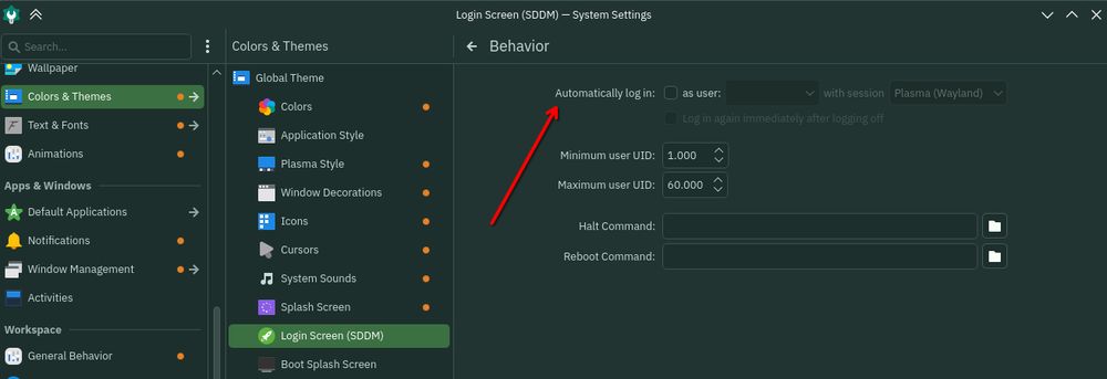 "Automatically log in as user X with session Y" is in the Behavior section of the Login Screen (SDDM) section of the Colors & Themes section of KDE Plasma's System Settings.