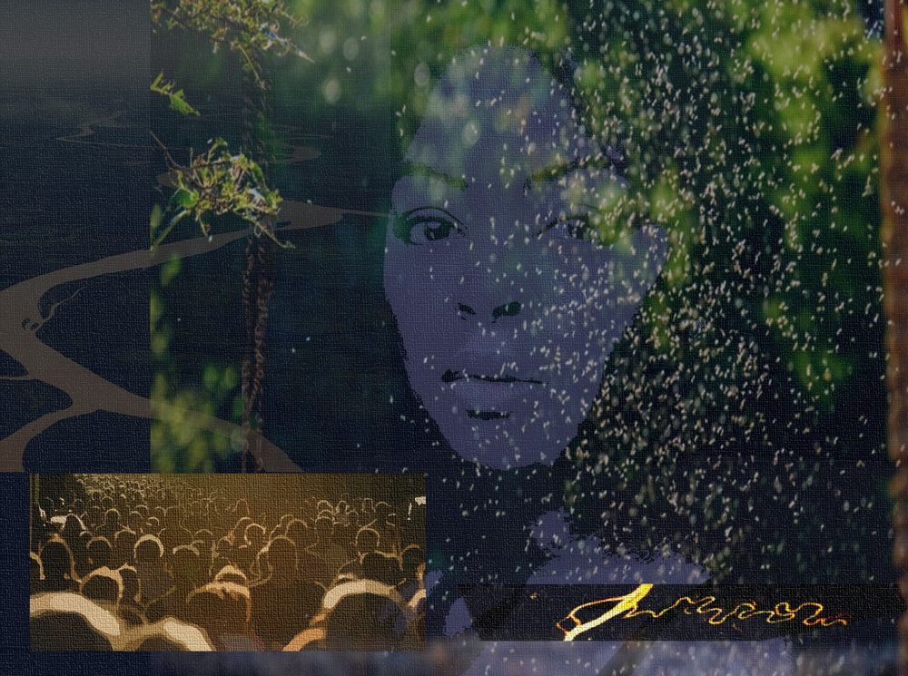 Moodboard composed of several interlaced pictures in dark green, gray and violet shades, on black background: Meandering river. Face of a black woman, her eyes intense. Blurry green shrubs and a swarm of insects overlaying the face. In the lower left corner a small picture of a crowd of people in brown and golden colors. In lower right corner a small picture of meandering river seen from bird’s view, its waters golden against dark terrain.