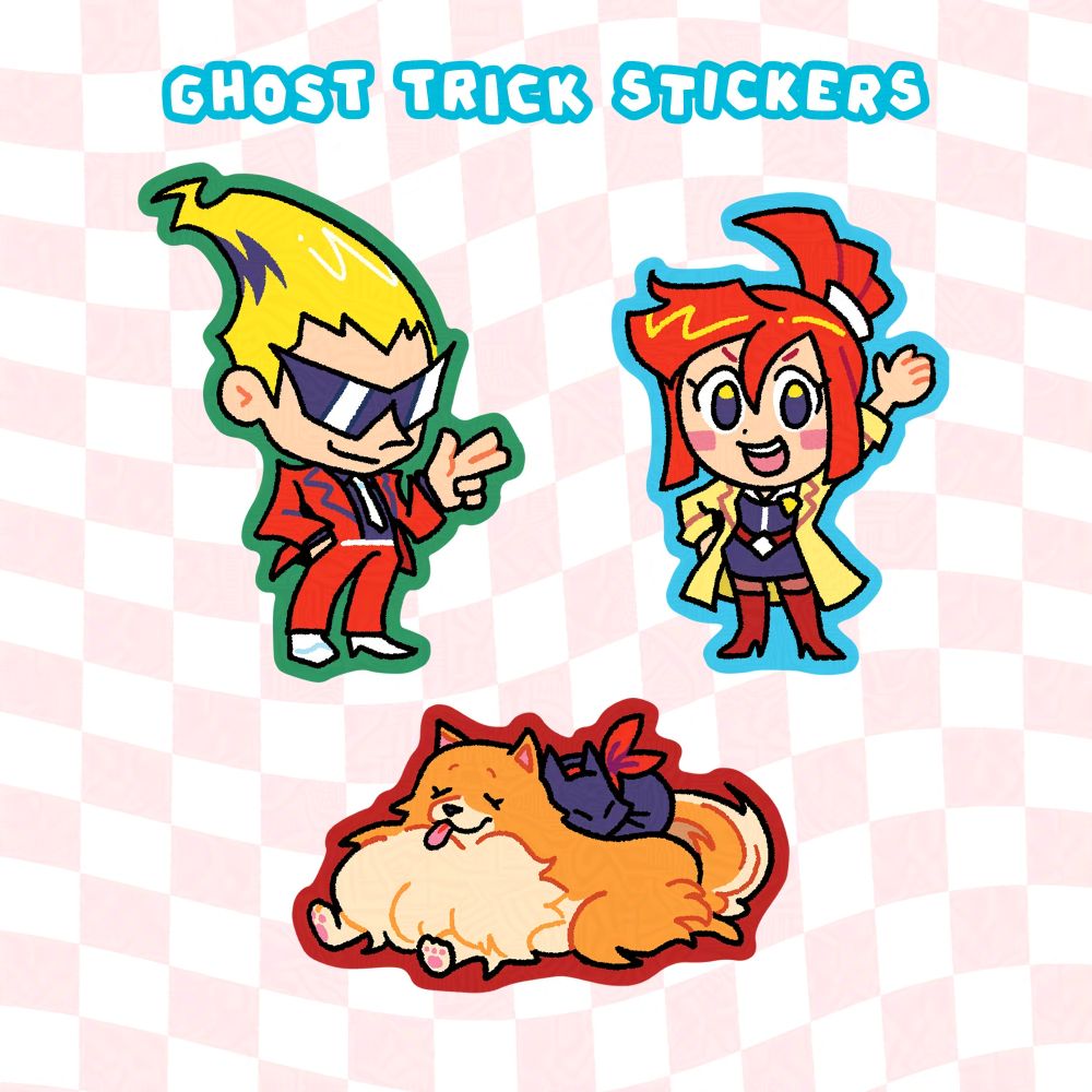 Set of Ghost Trick stickers designed by marinewaltz. Non-spoiler descriptions of the characters: The Man in Red, the Red-Headed Target, and the Little Warrior and Ten-year old Kitten.