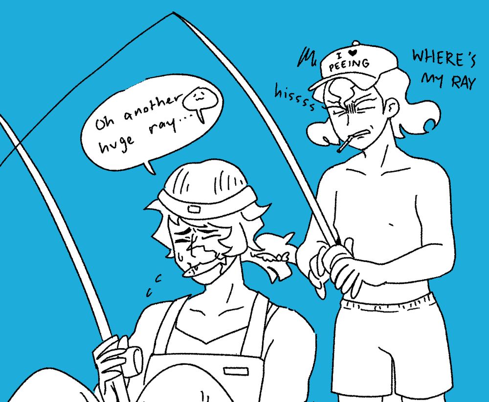 Illustration by marinewaltz of two original characters, Eugene and Sangyuu (owned by qtt-art). Eugene is hissing at Sang, whispering "WHERE'S MY RAY" with a cigarette in his mouth, a baseball cap that says I HEART PEEING and no shirt, only shorts. Sangyuu is tentatively celebrating another huge manta ray catch, wearing cute overalls, a beanie, and holding a little fish in her mouth.