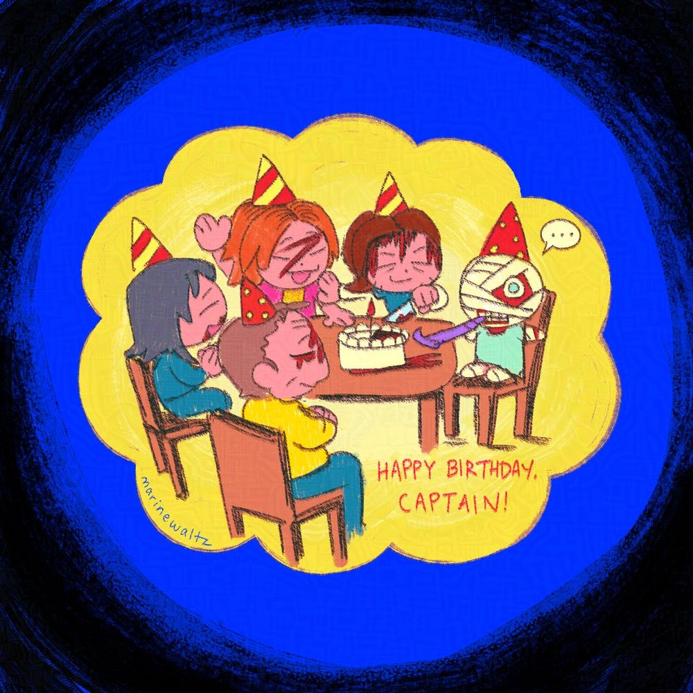 Illustration by marinewaltz of the characters from Mouthwashing, drawn in a whimsical style reminiscent of oil pastels and coloured pencils. Image description will now contain spoilers for Mouthwashing.

Everyone has their party hats, and are celebrating Curly's birthday - their expressions are joyous, but they are covered in blood, reminiscent of their deaths. Anya is clapping happily, Swansea is sitting back grumpily, but still participating in the festivity.

Daisuke is excitedly reaching for the cake, with Jimmy shoving him lightly to cut the cake. Curly is in his bandaged state, expressionlessly blowing a party blower. The speech bubble above his head indicates "..."