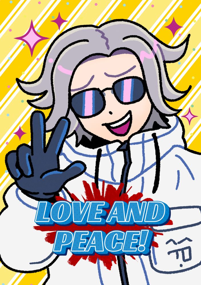 Fanart by marinewaltz of Aotsuki Eito from The Hundred Line: Last Defense Academy. He is doing a victory sign and posing for the camera, surrounded by sparkles. He is wearing sunglasses and has a shit eating grin. "Love and Peace!" is written in huge, bold text at the front.