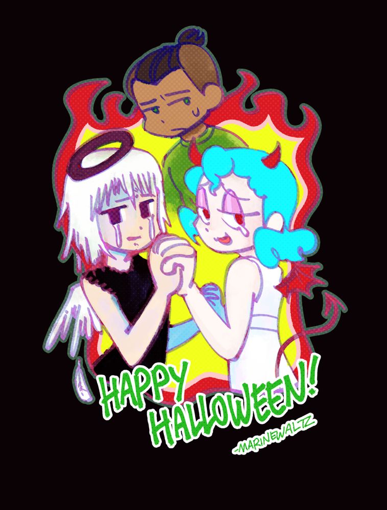 Digital artwork of original characters by marinewaltz. There is a toonishly crying devil grasping the hand of a sobbing fallen angel. Behind them is a regular-looking man who looks slightly perturbed. They are surrounded by toony looking flames. Below reads "Happy Halloween! - marinewaltz"