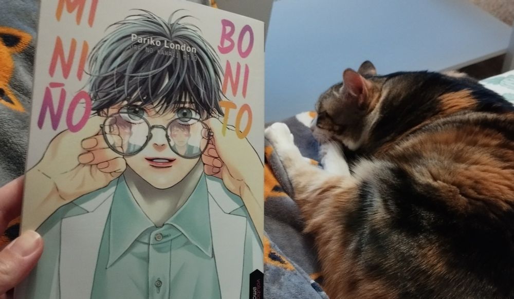 Leyendo el manga de Mi Niño Bonito en el sofá con manta y junto a mi gata tricolor