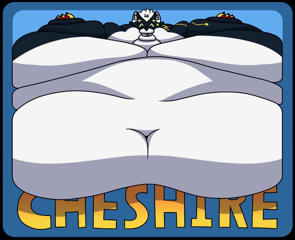 A fat fursona badge of a dark blue and white wolf with yellow space themed highlights