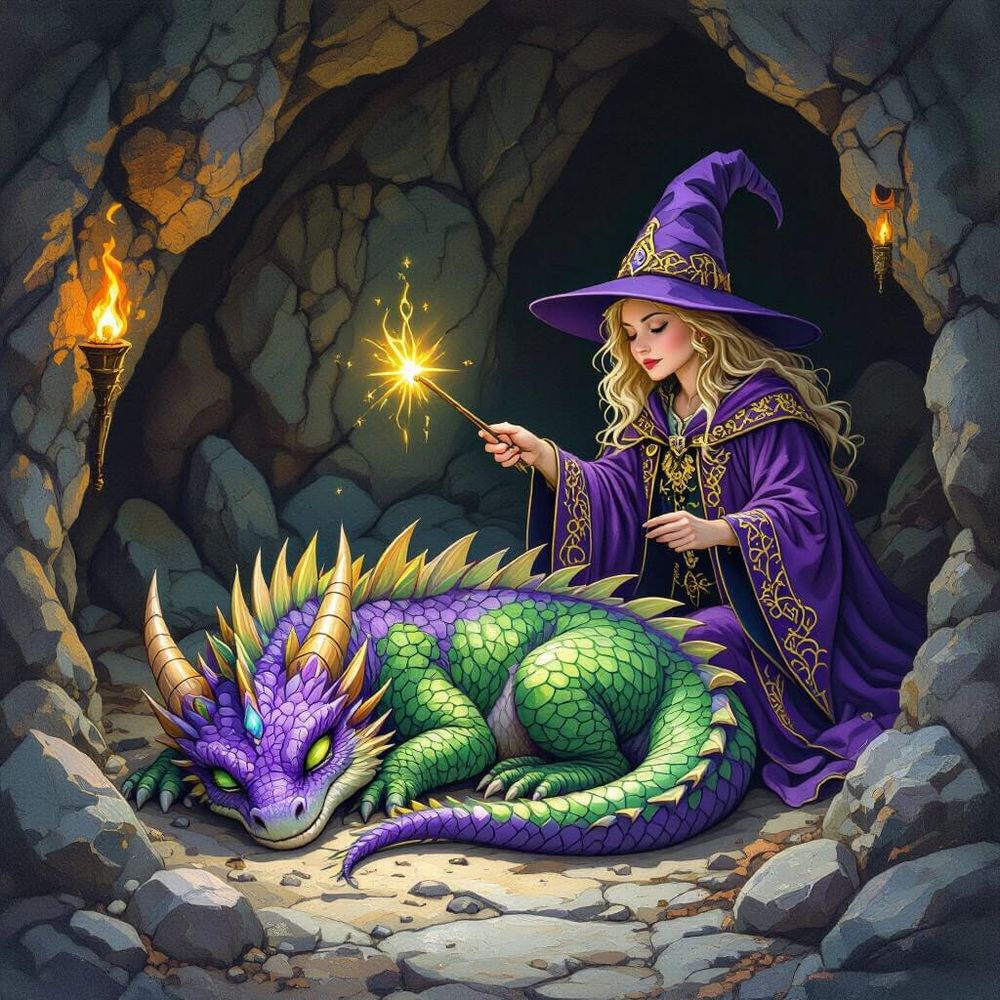 AI art of green and purple dragon curled up with girl witch in purple robes and a wand like a sparkler about to awaken it.
