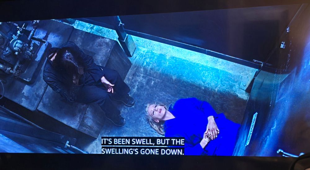 same scene as the first image, Rebecca's dialogue continues, "it's been swell, but the swelling's gone down"