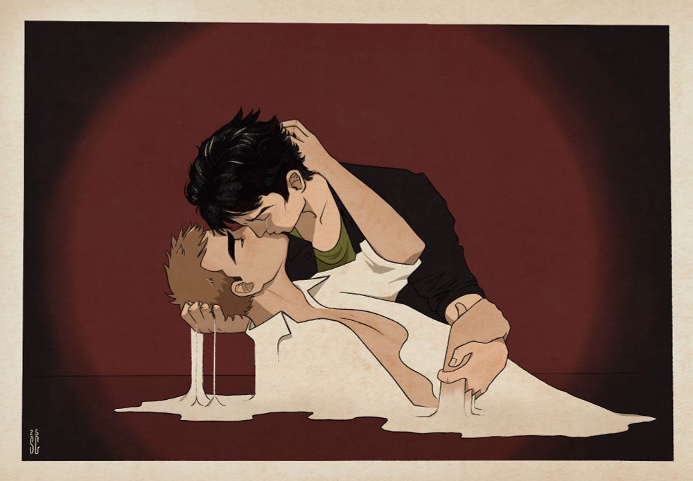 a black haired man clasps a brown haired supine man as he kisses him- the brown haired man is visibly dissolving into dust as he does so,  streaming through the black haired man's fingers and pooling on the ground. 