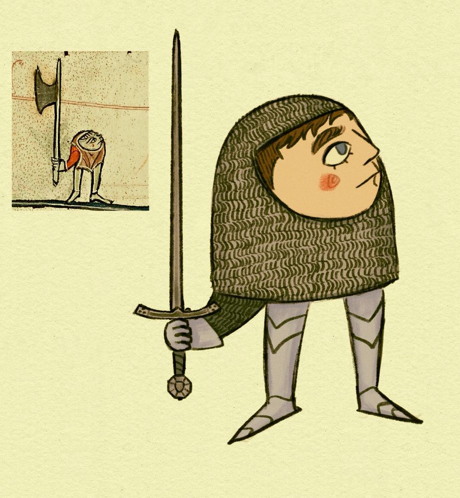 drawing of henry of skalitz from kingdom come deliverance stylized like a medieval manuscript short humanoid creature pictured on the right