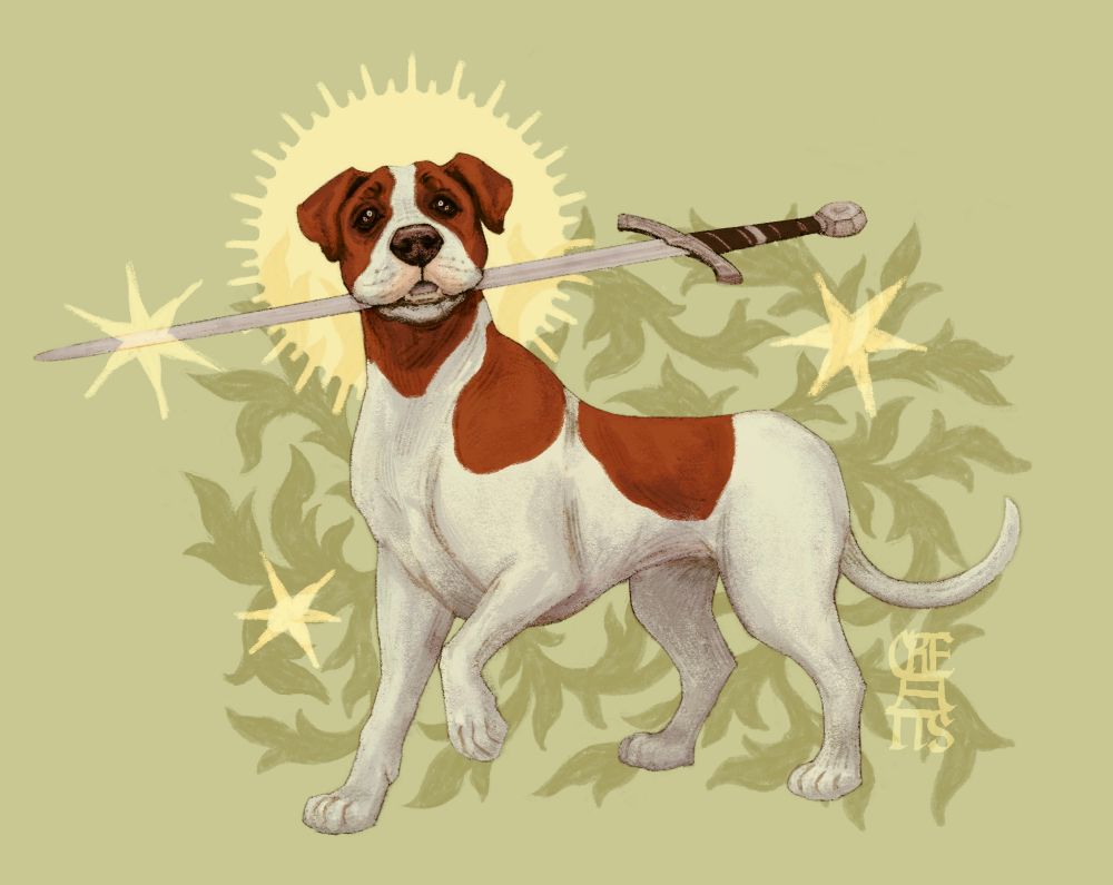 drawing of mutt from kingdom come deliverance holding henry's sword in his mouth. The background is green and features floral filigree and scattered stars 
