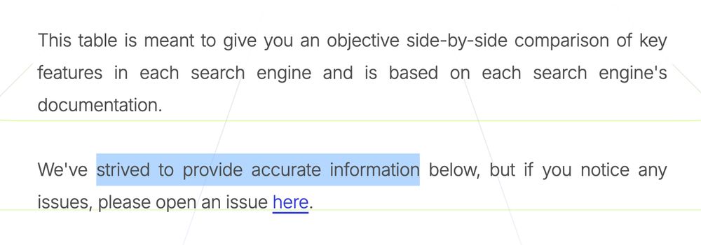 This table is meant to give you an objective side-by-side comparison of key features in each search engine and is based on each search engine's documentation.

We've strived to provide accurate information below, but if you notice any issues, please open an issue here.