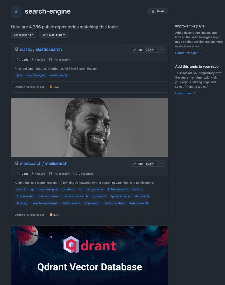 Meilisearch using the chin guy meme as the GitHub Social Preview image