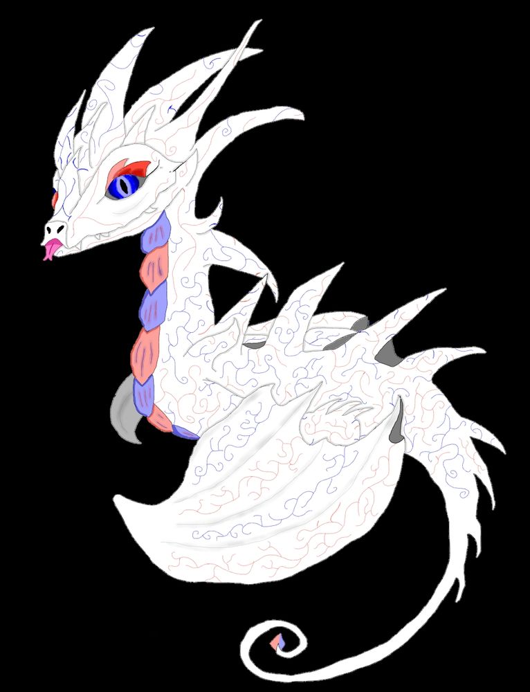 A white dragon with blue and red detailing and a cute blep tongue. The dragon also has heterochromatic eyes, the one facing the user is blue, the other is red.