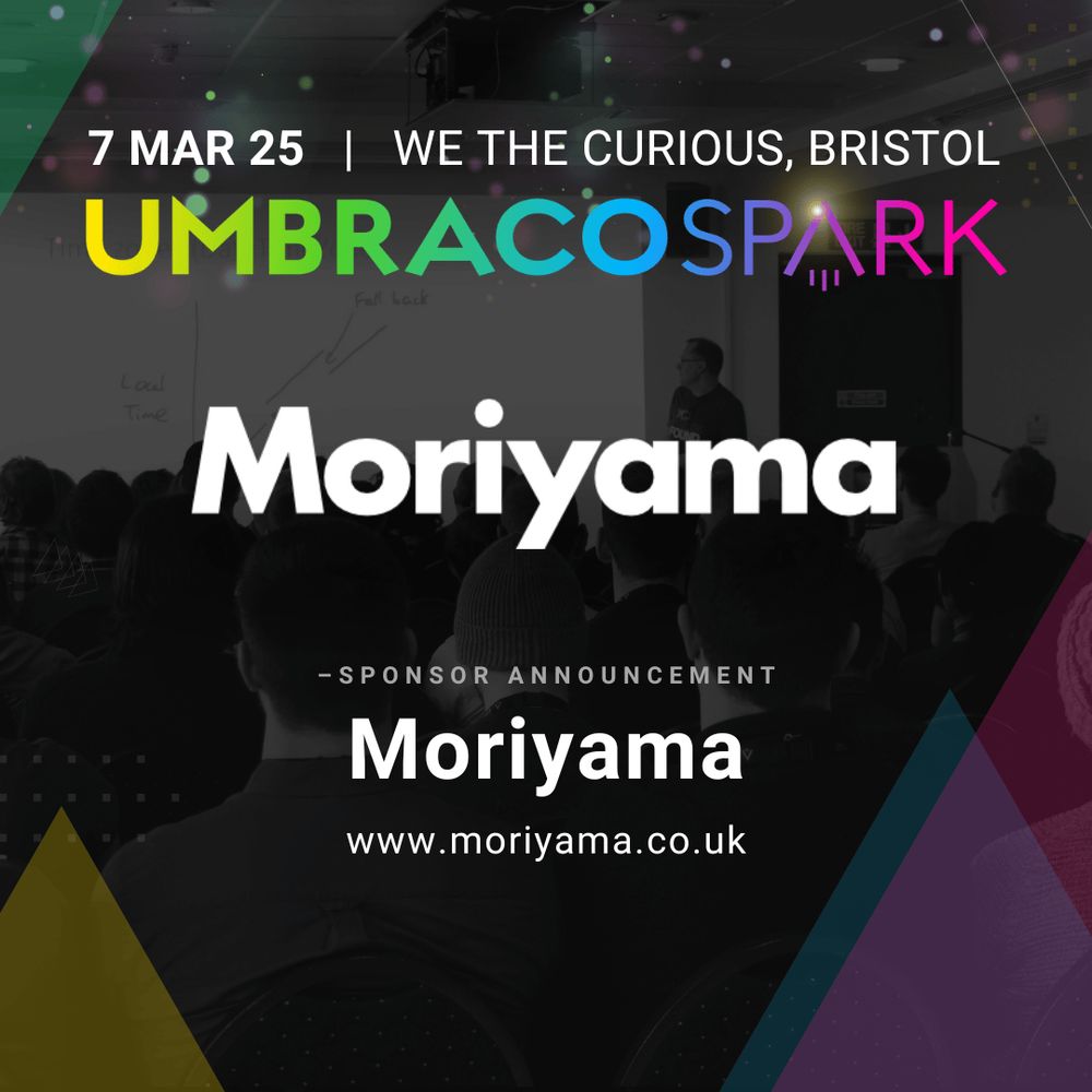 Moriyama logo and Umbraco Spark logo on top of picture of attendees at an Umbraco Spark conference