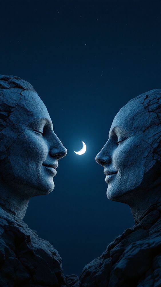 Two large rocks in the shape of human heads, they look at each other and smile, a crescent moon between them, a dark blue sky, night photography, in the style of Aerial Photography, in the style of Wes Anderson, in the style of David LaChapelle, cinematic, shot on a film camera, Kodak film stock. --ar 105:128 --v 6.1