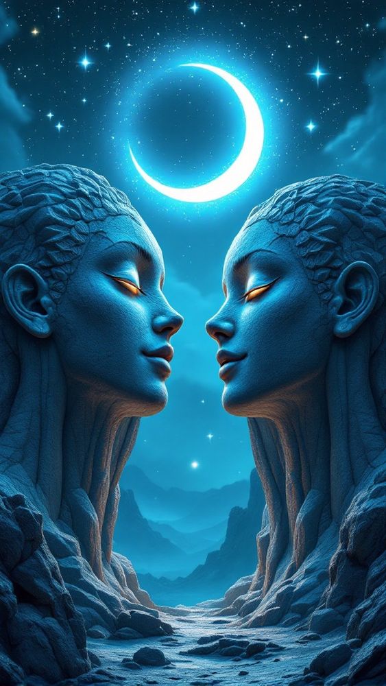 Two colossal anthropomorphic rock formations with intricately textured faces and glowing eyes, gazing at each other with serene smiles under an ethereal crescent moon suspended in misty lunar halos. The velvety indigo sky glimmers with constellations, creating a dreamlike nightscape. Captured from a surreal aerial perspective with whimsical symmetry, pastel gradients, and neon-lit accents. The scene exudes hyperrealistic shadows, vintage cinematic ambiance, and richly saturated Kodak Ektachrome film tones, blending the styles of Wes Anderson and David LaChapelle into a mesmerizing visual narrative.
