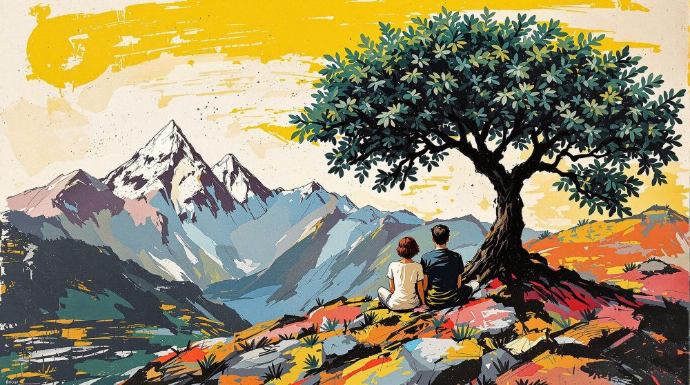 Jean-Michel Basquiat artist Style a Couple Sitting Under The Tree on the Peak of Mountain