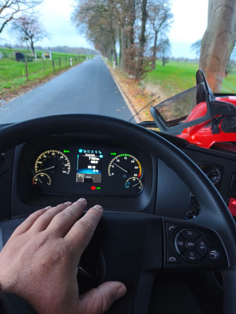 Meine Hand ruht auf dem Lenkrad eines LKW.