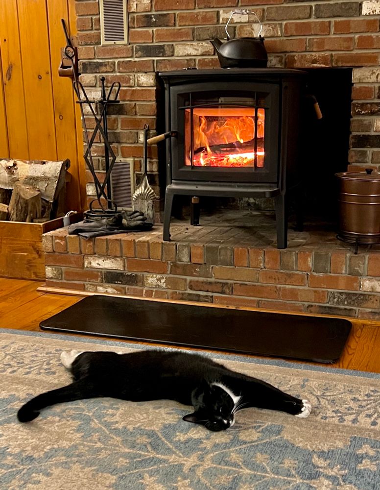 A black tuxedo cat stretches his belly toward a wood stove fire.
