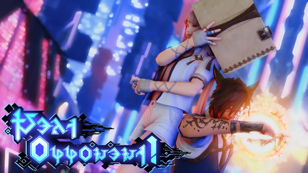 a gpose of two miqote in solution nine, with the "NEXT OPPONENT" graphic in front of them. 