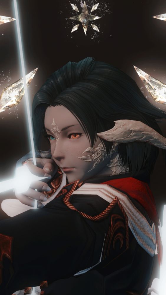 a portrait of an au ra, aria forzane; she's about to fire a glowing arrow off-screen.