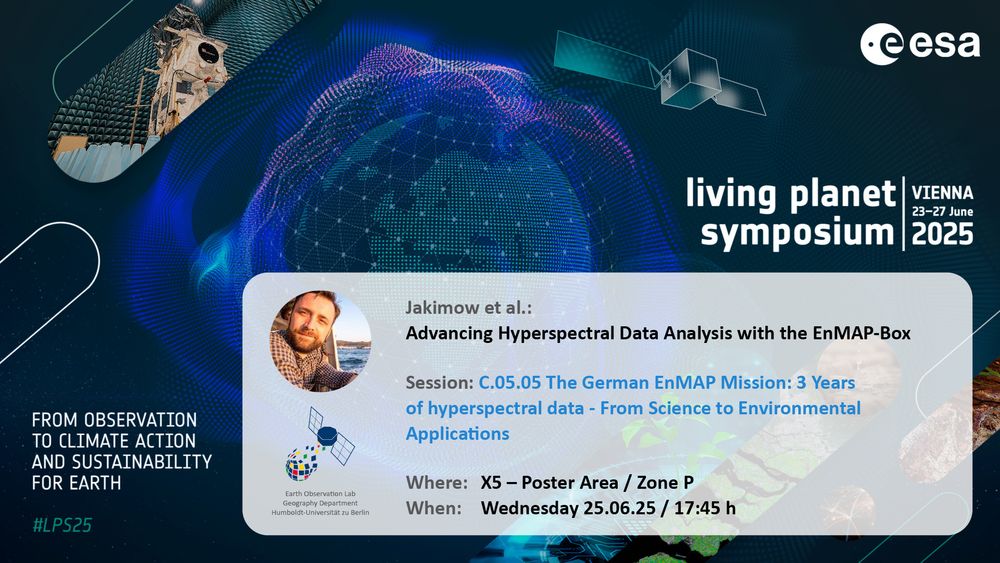 Announcement for upcoming Earth Observation Lab contribution at living planet symposium 2025: 
Jakimow et al.: Advancing Hyperspectral Data Analysis with the EnMAP-Box
Session: C.05.05 The German EnMAP Mission: 3 Years of hyperspectral data - From Science to Environmental Applications
Where: X5 - Poster Area / Zone P
When: Wednesday 25.06.25 / 17:45 h
