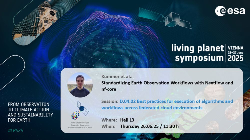 Announcement for upcoming Earth Observation Lab contribution at living planet symposium 2025: 
Kummer et al.: Standardizing Earth Observation Workflows with Nextflow and nf-core
Session: D.04.02 Best practices for execution of algorithms and workflows across federated cloud environments
Where: Hall L3
When: Thursday 26.06.25 / 11:30 h