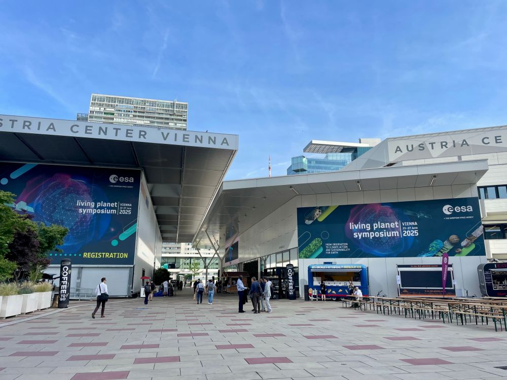 Picture of the Austria Center Vienna with Living Planet Symposium 2025 banners.
