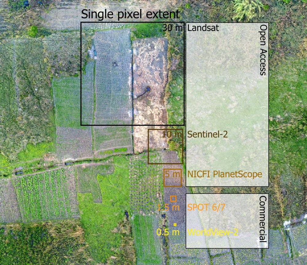 A drone capture of a smallholder farming landscape. Overlaid are squares of the size of typical optical satellite missions. Openly accessible data (e.g. Landsat or Sentinel-2) is often not sufficient to capture the landscape complexity in full detail, for example when trying to delineate individual fields. Here, one Landsat pixel contains fractions of multiple fields. Commercial data come at higher spatial resolution, offering potential to discriminate indivudual landscape components.