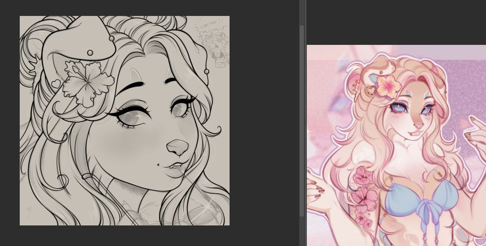 A work in progress portrai of an anthropomorphic dog woman. She has a hibiscus flower in her hair. She's has the tip of the arm of a pair of sunglasses in her teeth.