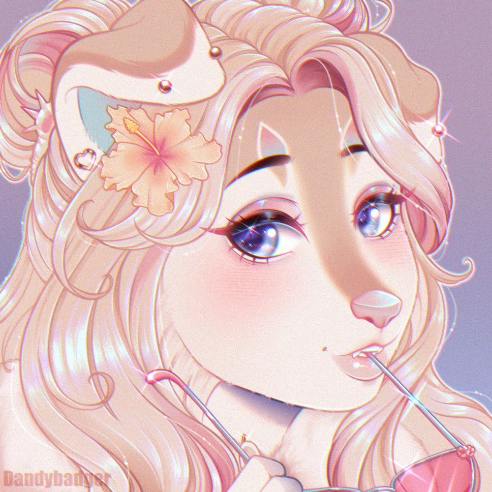 A portrait of an anthropomorphic dog woman. She has a hibiscus flower in her hair. She's has the tip of the arm of a pair of sunglasses in her teeth. She's looking at the viewer with a small smile.