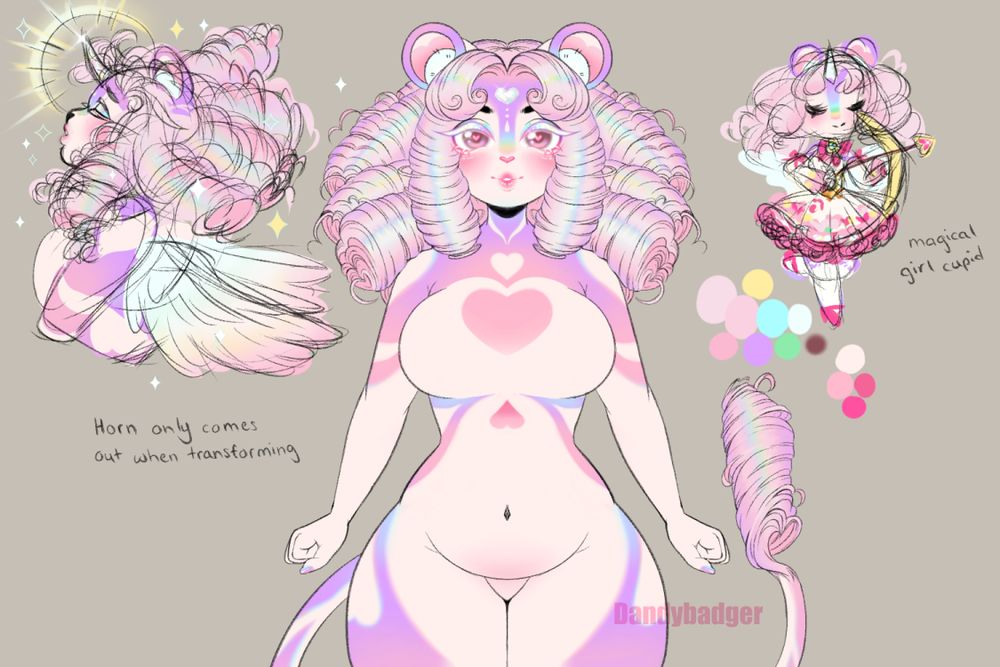 A reference sketch of a pink anthropomorphic lion with magical girl themes. She has tight ringlets/barrel curls and a matching curled tail tuft. She is capable of creating a horn when transforming.