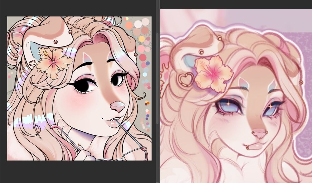 A work in progress portrai of an anthropomorphic dog woman. She has a hibiscus flower in her hair. She's has the tip of the arm of a pair of sunglasses in her teeth.