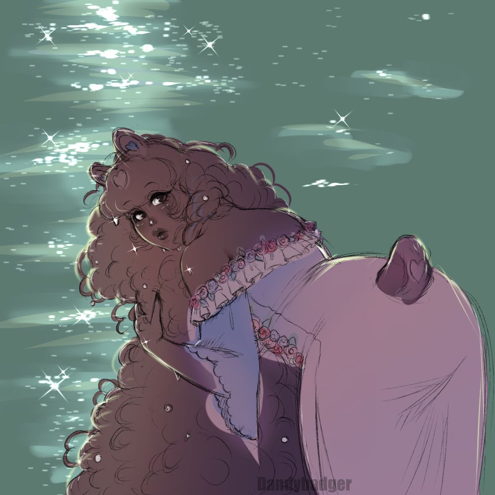 A short eared viera is leaning down, squeezing water out of her thick curls. She looks back at the viewer. A glittering lake is behind her. 