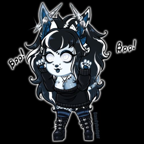 An anthropomorphic frankenstein dog leans forward, hands in the air as she says 'Boo!'. She has fully white eyes, with spiral patterns in each. Her hair is dark with white lightning bolt streaks. She's wearing a sweater dress with fishnets, stockings, and knee high combat boots. A silver lightning bolt pierces each ear.