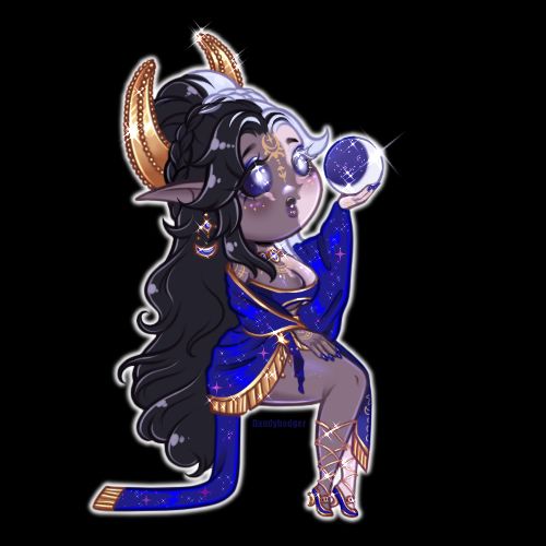 A woman dressed in shimmering blue cloth trimmed with gold gazes in a moon orb. She has vitiligo in a pattern reminiscent of a half moon the way it splits down the middle. Her hair is tied in a half bun, with a braided crown. A golden moon headpiece is set into the bun, protruding on either side.