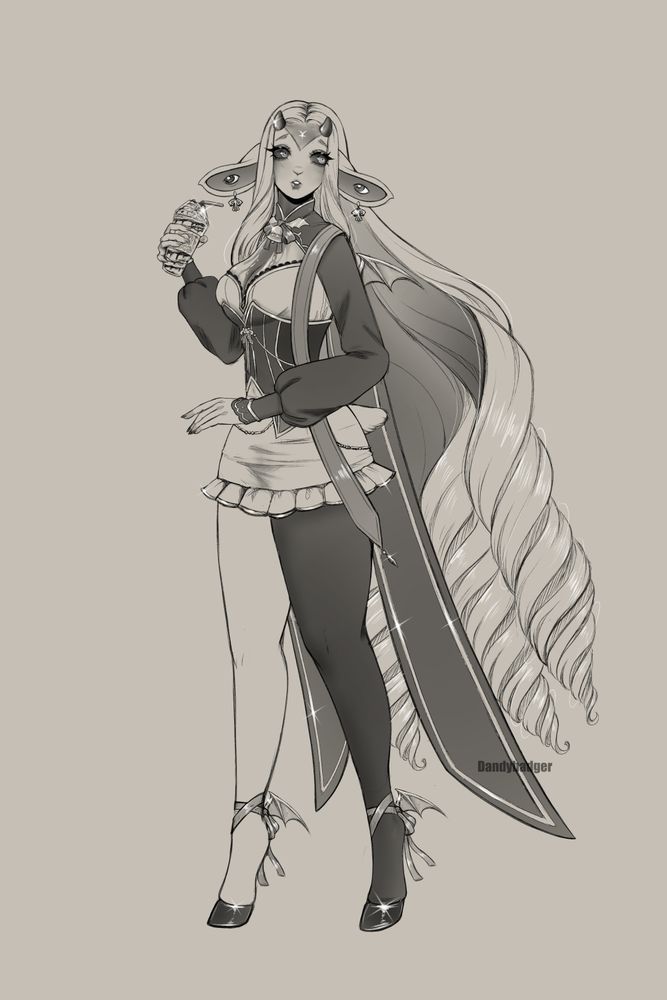 An anthropomorphic lamb looks behind her with a shake in hand as she walks forward. Small red horns protrude from her head, and long ears feature a single eye on the inner portion of each ear. Her hair long hair is parted in the middle, styled as big barrel curls. She's wearing white dress with a black corset and sleeves. One stocking on her left leg stops at her hooves. A split cape trails behind her, resting underneath her curls. She has gold bat jewelry motifs on the ankles of her feet, held together by ribbons, and a matching pair of gold bat wings on a neck ribbon which features a sheep's bell.