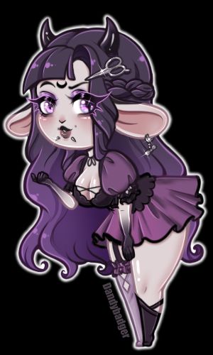 A anthropomorphic sheep with long waving hair leans forward, beckoning the viewer closer. She has small horns, and a hairclip styled to look like scissors. There's a suggestive expression on her face, complete with a raised brow. Her outfit consists of a blouse, with a low cut corset and ruffled skirt. One stocking is thigh high and has a garter, and the other stops just above her ankle.