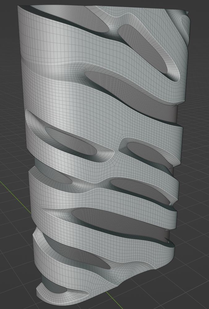 Blender's 3D viewport displaying a retopologized abstract decorative 3D object overlayed on the high-density version.