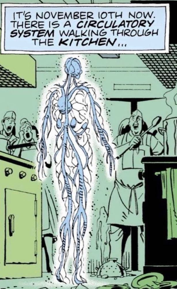 A panel from Watchmen. Doctor Manhattan appears in a kitchen on November 10 as a circulatory system as he is reconstituting himself. Art by Dave Gibbons.