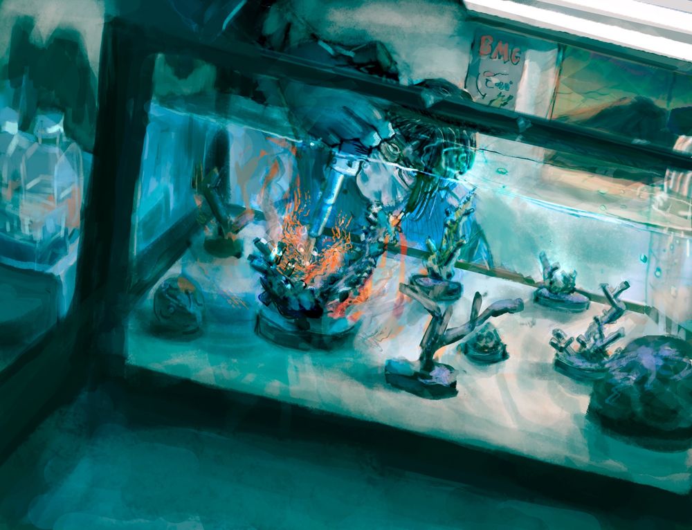 A line researcher in blie lab gear and a mask adds glowing red coral probiotics to corals in a tank. It is late and her arm cast an oninous shadow on the wall.
