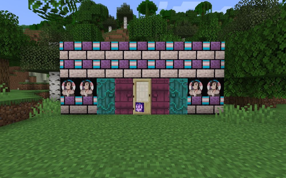 a little build made up of ScarlettFrost Blocks (blocks that have ScarlettFrost’s old profile picture as their texture), ScarlettFrost Bricks (brick blocks made of a purple brick, a white brick, and a trans flag brick), and warped doors, crimson doors, and a birch door placed in a trans flag pattern

in front of the build is a ScarlettFrost Item which has the same texture as the ScarlettFrost Block and has the enchantment glint applied to it